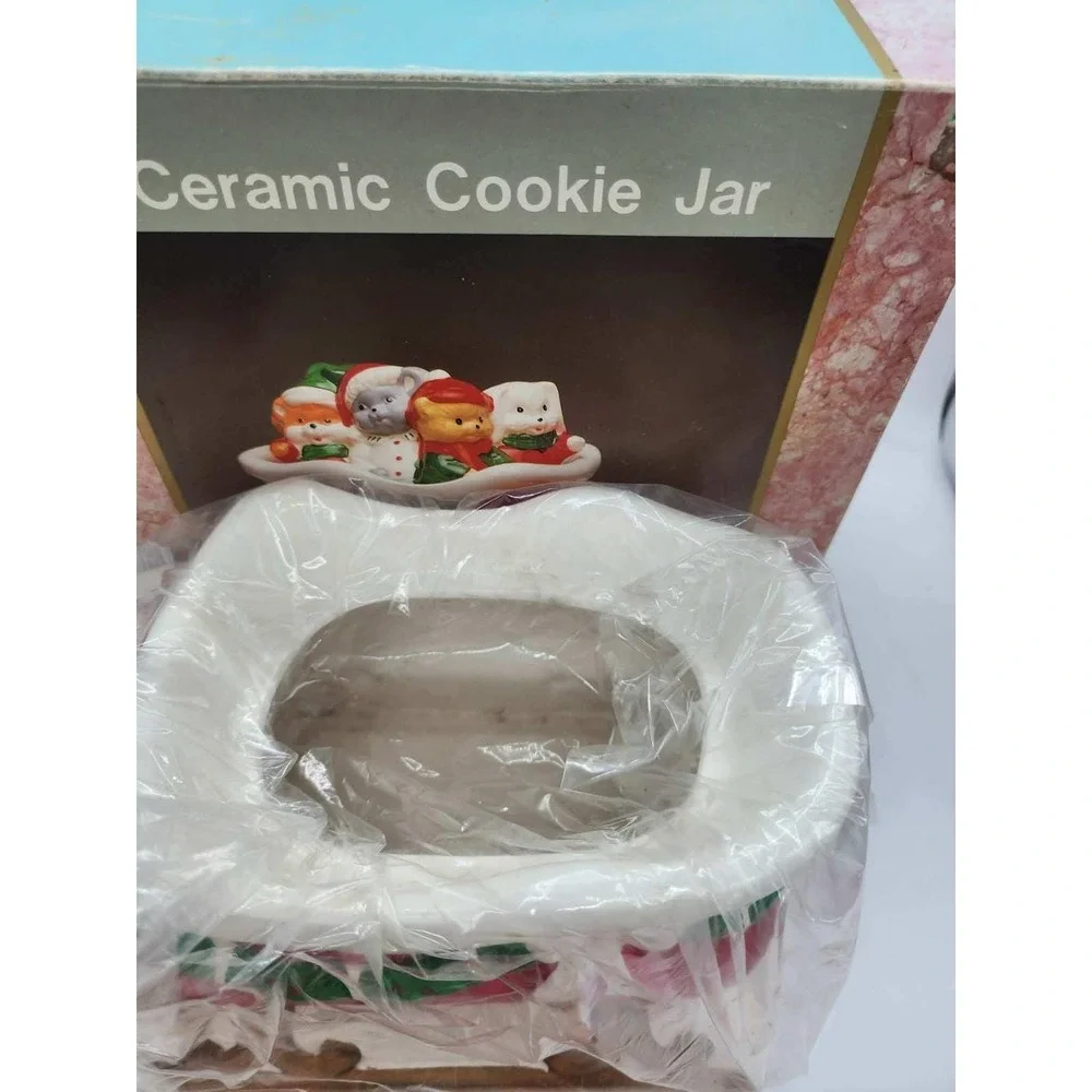 Vintage Christmas Ceramic Cookie Jar Santa Sleigh Animals cat bear